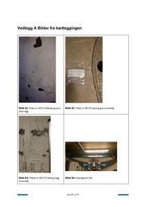 Et dokument med fire fotografier fra en kartlegging av en bygning, som viser maling, puss, betonggulv og tak.