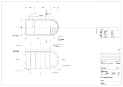 Snittegning av Skinnarmeret Pumpesjåson som viser grunnflatsnivå og fasade.