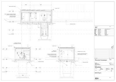 Snittegning av Skurmerket Pumpestasjon som viser konstruksjonen og romfordelingen i tverrsnitt.