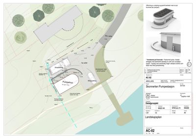 Situasjonsplan som viser tomtens form, bygningens plassering (Pumpehus), veier, terrengforhold og landskapsinngrep.