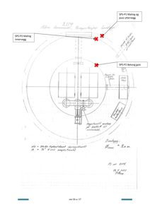 En håndtegnet teknisk detaljtegning som viser konstruksjonsdetaljer for en rund struktur, inkludert betonggulv og malingsarbeid på vegger.