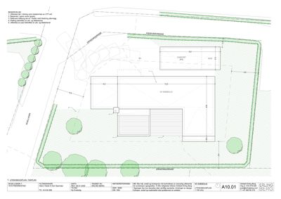Utenomhusplan (situasjonsplan) som viser bygningens plassering i forhold til tomme, vegger og trær.