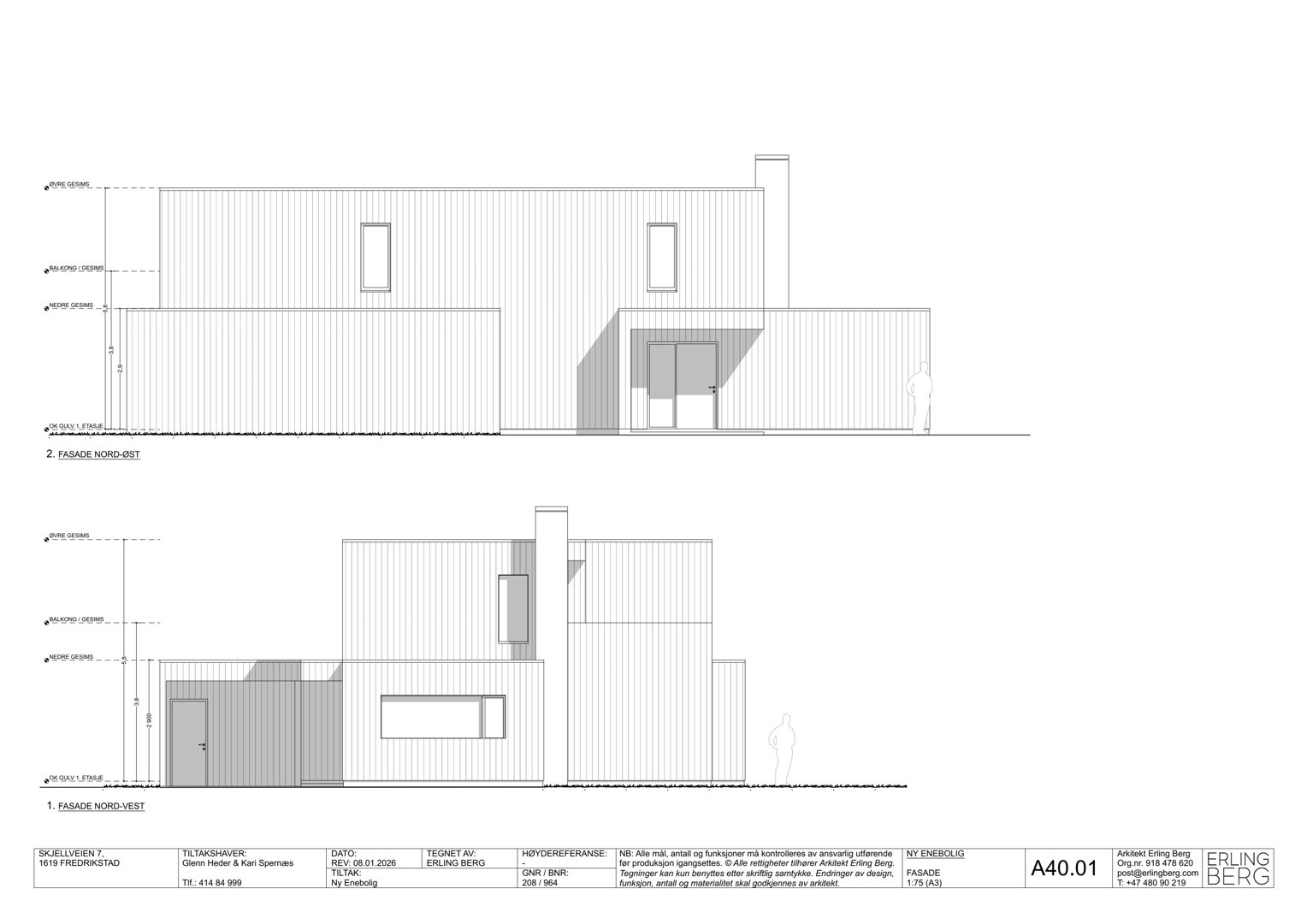 Fasadetegning som viser bygningens utseende sett fra nord-vest og vest, inkludert vinduer, dører, høydemål og skygger.