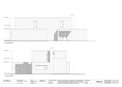 Fasadetegning som viser bygningens utseende sett fra nord-vest og vest, inkludert vinduer, dører, høydemål og skygger.