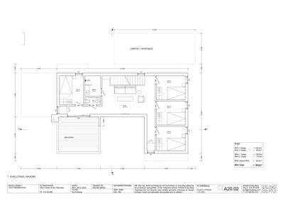 Etasjeplan (1. plan) for balkong og tilhørende rom, inkludert mål og arealoppsett.