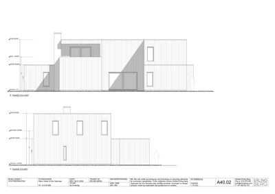 Bildet viser to fasadetegninger (SØD-VEST og SYD-VEST) for et hus, inkludert høydeangivelser og vindusoppsett.