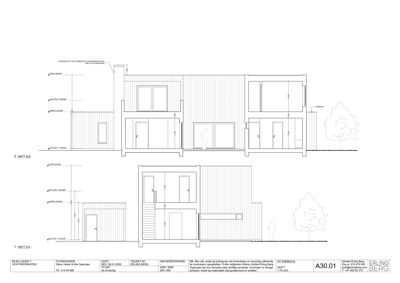 Snittegning (Snitt A-A og B-B) som viser bygningens tverrsnitt, høyder, vindus- og dørplasseringer samt konstruksjonsdetaljer.