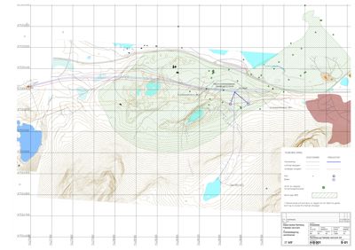 Situasjonsplan med topografi (høydekurver), vannarealer, eksisterende infrastruktur og planlagt utbygging.
