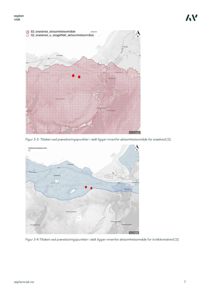 Bildet viser to kartutsnitt (Figur 3-3 og Figur 3-4) som illustrerer områder med snøskred- og kvikkleireskredfare, inkludert plassering av prøveboringspunkter.