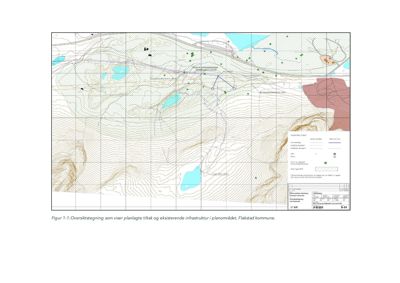 Oversiktstegning (situasjonsplan) som viser planlagte tiltak og eksisterende infrastruktur i et planområde med topografi.