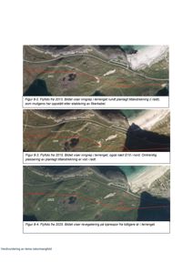 Bildet viser en serie flyfoto fra årene 2013, 2015 og 2025 som dokumenterer endringer i terrenget, sannsynligvis knyttet til etablering av fiberkabel.