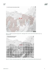 Kart som viser aktsomhetsområder for jord- og flomskred samt steinsprang i forhold til et tiltak (prøveboringspunkter).