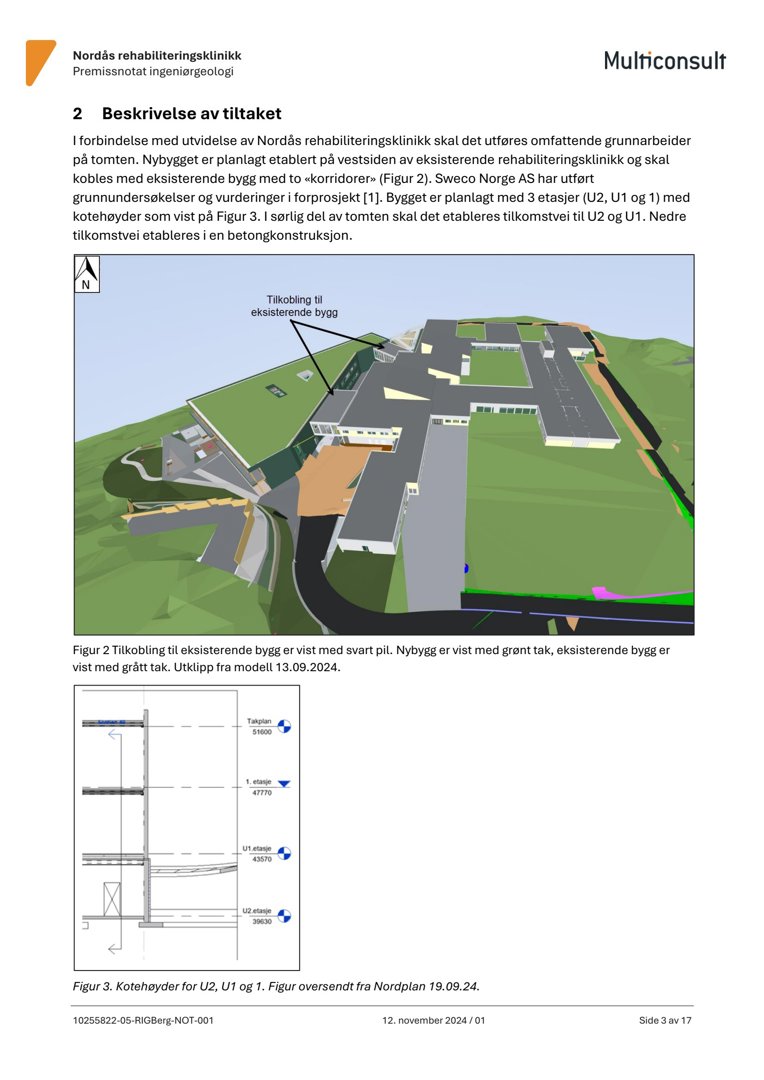 3D-modell (rendering) som viser nybygg (grønt tak) og eksisterende bygg (grått tak) med tilkobling på tomt.