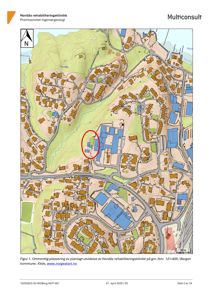 En situasjonskart (norgeskart) som viser omrisset for Nordås rehabiliteringsklinikk og nabolaget.