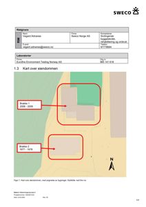 Kart over eiendommen med angivelse av to brakker (Brakke 1 og Brakke 2) og deres tidsperiode.