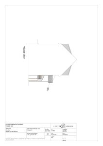 Fasadetegning av bygning sett fra vest, med oppriss av tak og balkong.