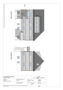 Fasadetegning som viser bygningens utseende fra sør- og østside.