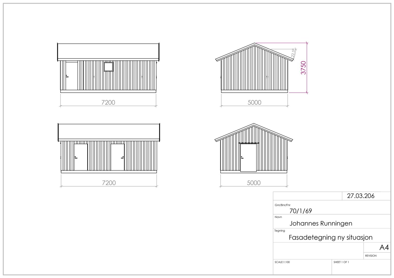 Fasadetegning som viser front- og sideutsikt av en bygning med mål.