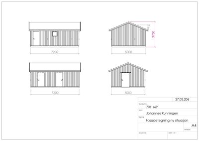 Fasadetegning som viser front- og sideutsikt av en bygning med mål.