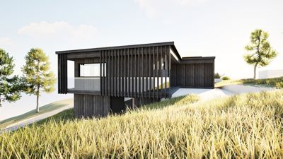 3D-visualisering av et moderne hus sett fra utsiden, plassert på en grønn bakke.