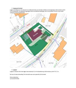 Situasjonsplan som viser bygningens plassering på tomten, grenser, og innslag av terrenginngrep.