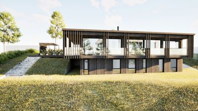 3D-visualisering av en moderne villa sett fra siden.