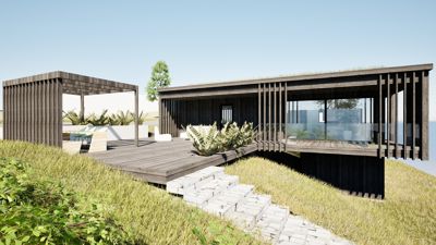 3D-visualisering av et moderne hus med grønt tak og uteplasser.