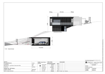 Fasadetegning som viser bygningens utseende sett fra nordøst, inkludert mål og terrengforhold.