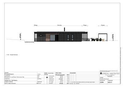 Fasadetegning av en bolig sett fra nordvest med tilhørende teknisk informasjon og tegningsnummer.