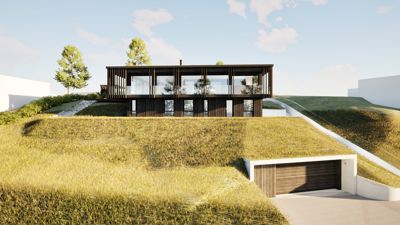 3D-visualisering av en moderne bolig med grønt tak, sett fra utsiden.