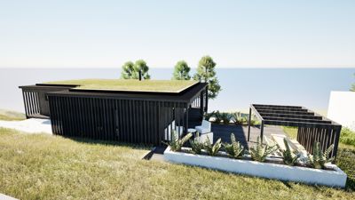 3D-visualisering av en moderne bolig med grønt tak og utsikt over havet.