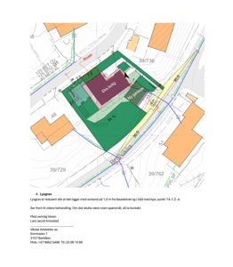 Situasjonsplan som viser tomtens plassering i forhold til nabolag, veier (Breviklia, Rives) og planlagt bebyggelse (Eks. bolig, Ny garasje).