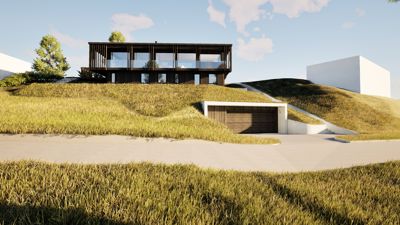 3D-visualisering av et moderne hus på en skråning med grønt tak og en garasje.