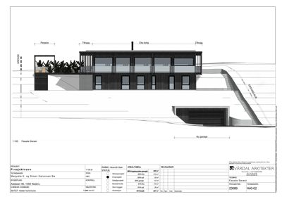 Fasadetegning som viser bygningens utseende sett fra siden (Sørøst), inkludert terrasser, trapper og garasje.