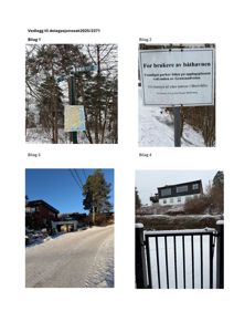 Bildet viser en samling av fire fotografier fra en byggesak, inkludert bilder av vegskilt, en gate, og en bygning.