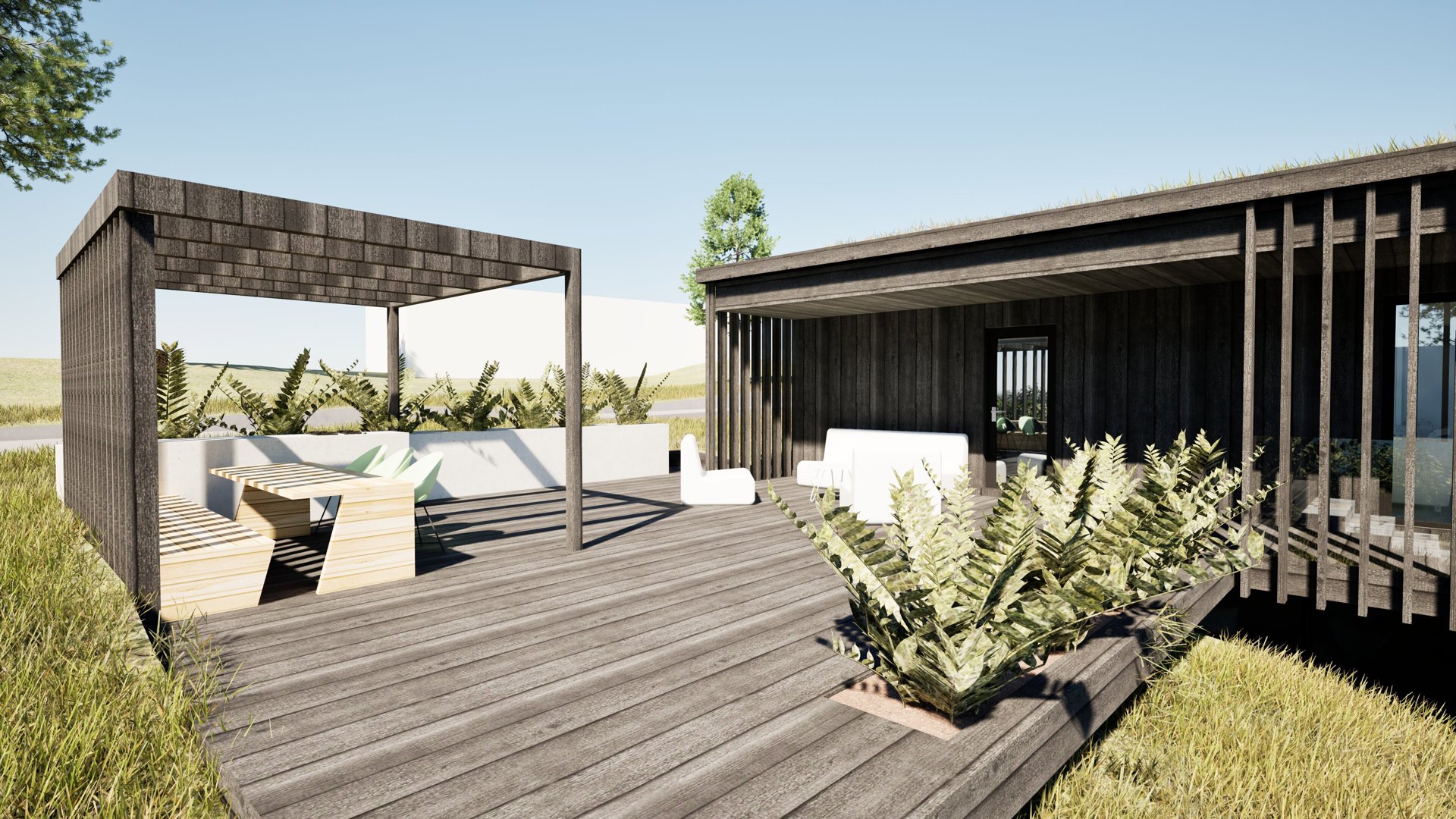 3D-visualisering av en moderne bygning med terrasse og utemøbler.