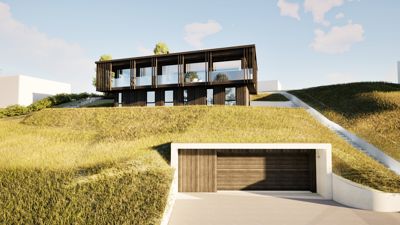 3D-visualisering av en moderne villa med grønt tak og kjellerparkeringshus.
