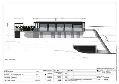 Fasadetegning som viser bygningens utseende sett fra siden (Sørøst), inkludert detaljer som pergola, tilbygg og garasje.