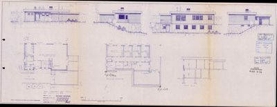 Bildet viser en samling tegninger for et hus, inkludert fasadeoppriks og etasjeplaner (floor plans) som viser romfordeling.