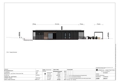 Fasadetegning av en bolig sett fra nordvest med mål og arealoppsett.