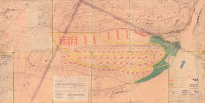 Situasjonsplan som viser en planlagt bebyggelse med husplassering, veier og terrengforhold.