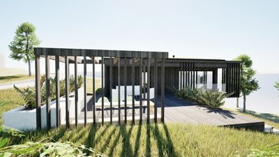 3D-visualisering av en moderne villa med uteplass og terrasse.