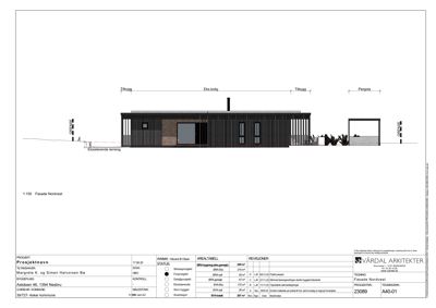 Fasadetegning av en bygning sett fra nordvest med mål og detaljer.