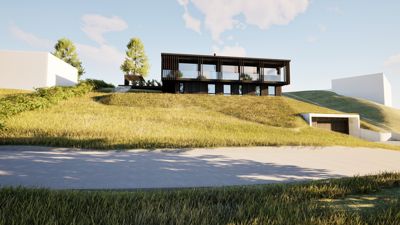 3D-visualisering av et moderne hus på en skråning.