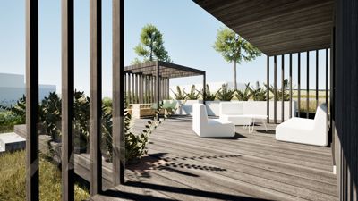 3D-visualisering av en moderne terrasse med møbler og utsikt.