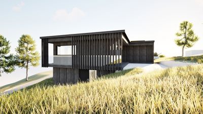 3D-visualisering av en moderne villa sett fra utsiden.