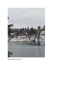 Fotografi av en kystlinje med båtmerse, snødekte trær og hus på bakken. Bildet har en blå pil som peker mot et hus.