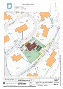 Situasjonskart som viser eiendomsnummer, adresse, nabolagsgrenser og bygningsplassering.