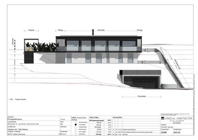 Fasadetegning som viser bygningens utseende sett fra siden, inkludert detaljer som pergola, tilbygg og garasje.