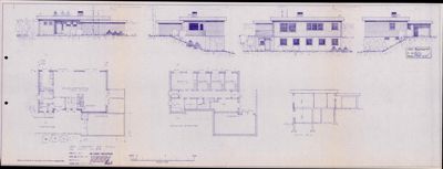 Bildet viser en tegningssamling som inkluderer fasadeoppriks og etasjeplaner (floor plans) for en bolig.